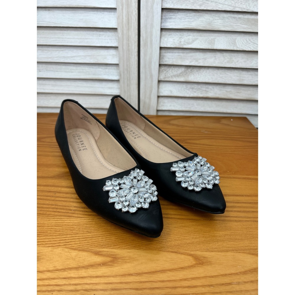 Journee Collection Pointed Toe Flat 10 Black Womens Rhinestone Dressy